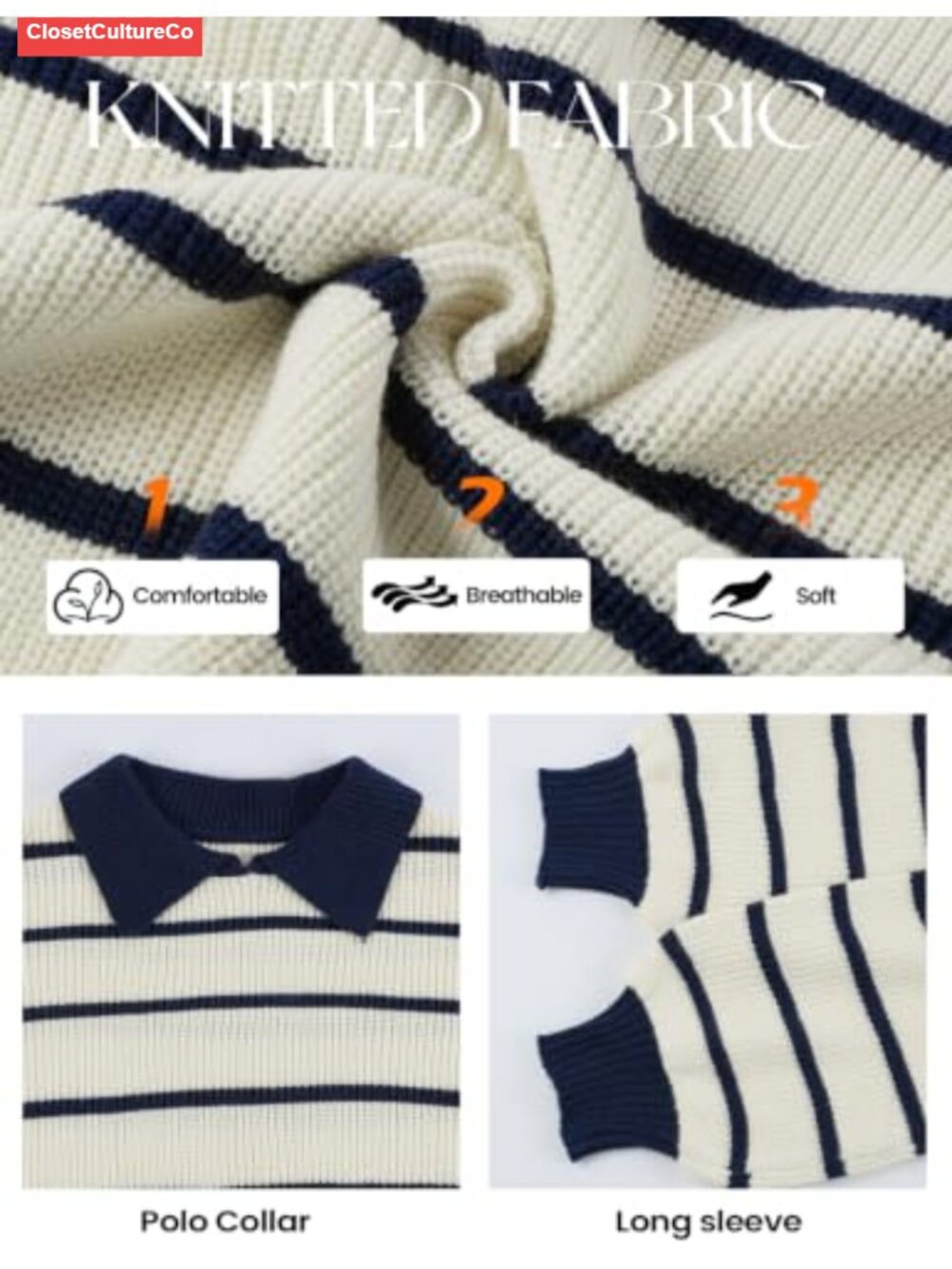 Oversized Striped Polo Collar Chunky Knit Pullover Sweater Preppy - Picture 5 of 6